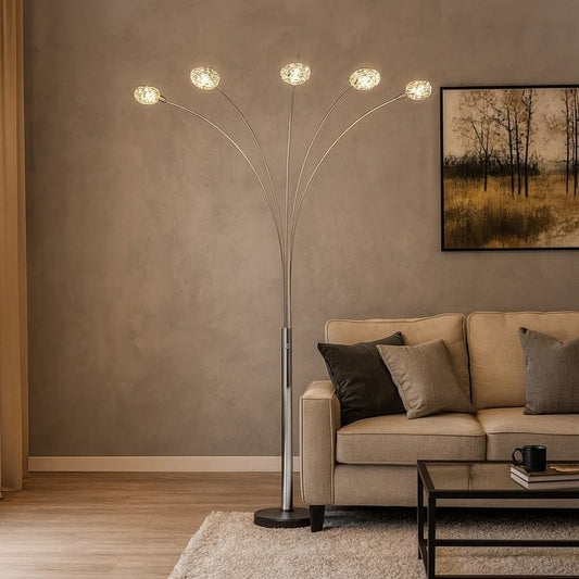 Arya 94 Inch 5 Light Arc Floor Lamp, Crystal Accents, Modern Style, Chrome