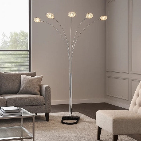 Arya 94 Inch 5 Light Arc Floor Lamp, Crystal Accents, Modern Style, Chrome