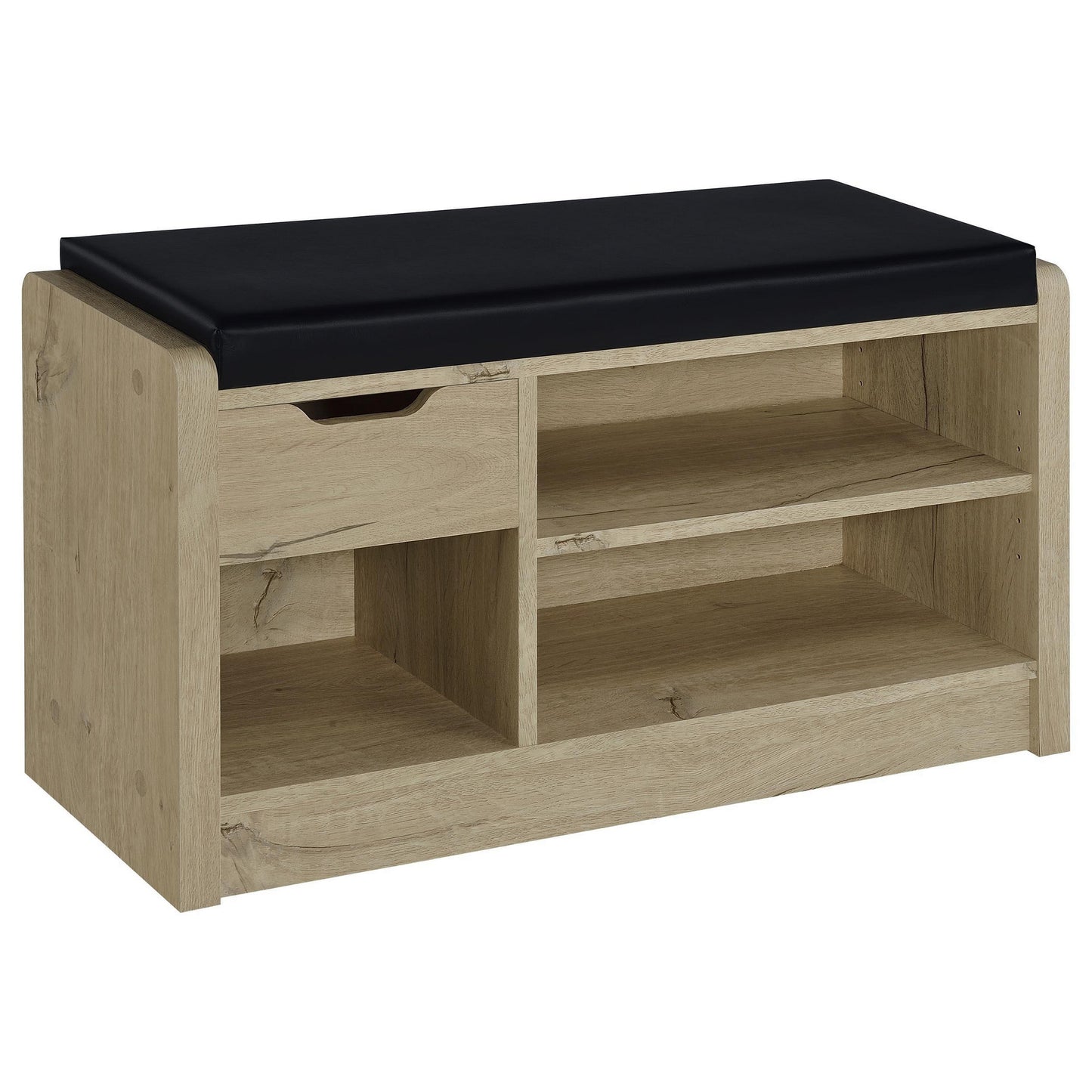 Aryn Storage Bench, Adjustable Shelf, Black Faux Leather, Oak Brown