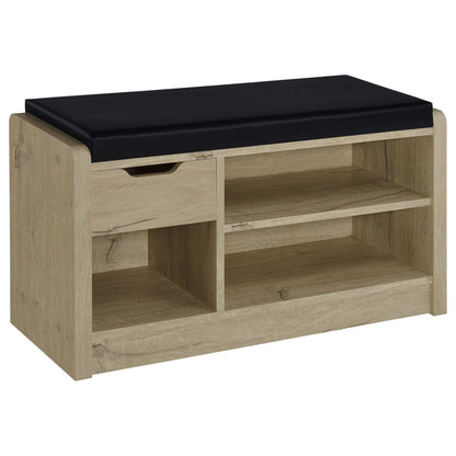 Aryn Storage Bench, Adjustable Shelf, Black Faux Leather, Oak Brown