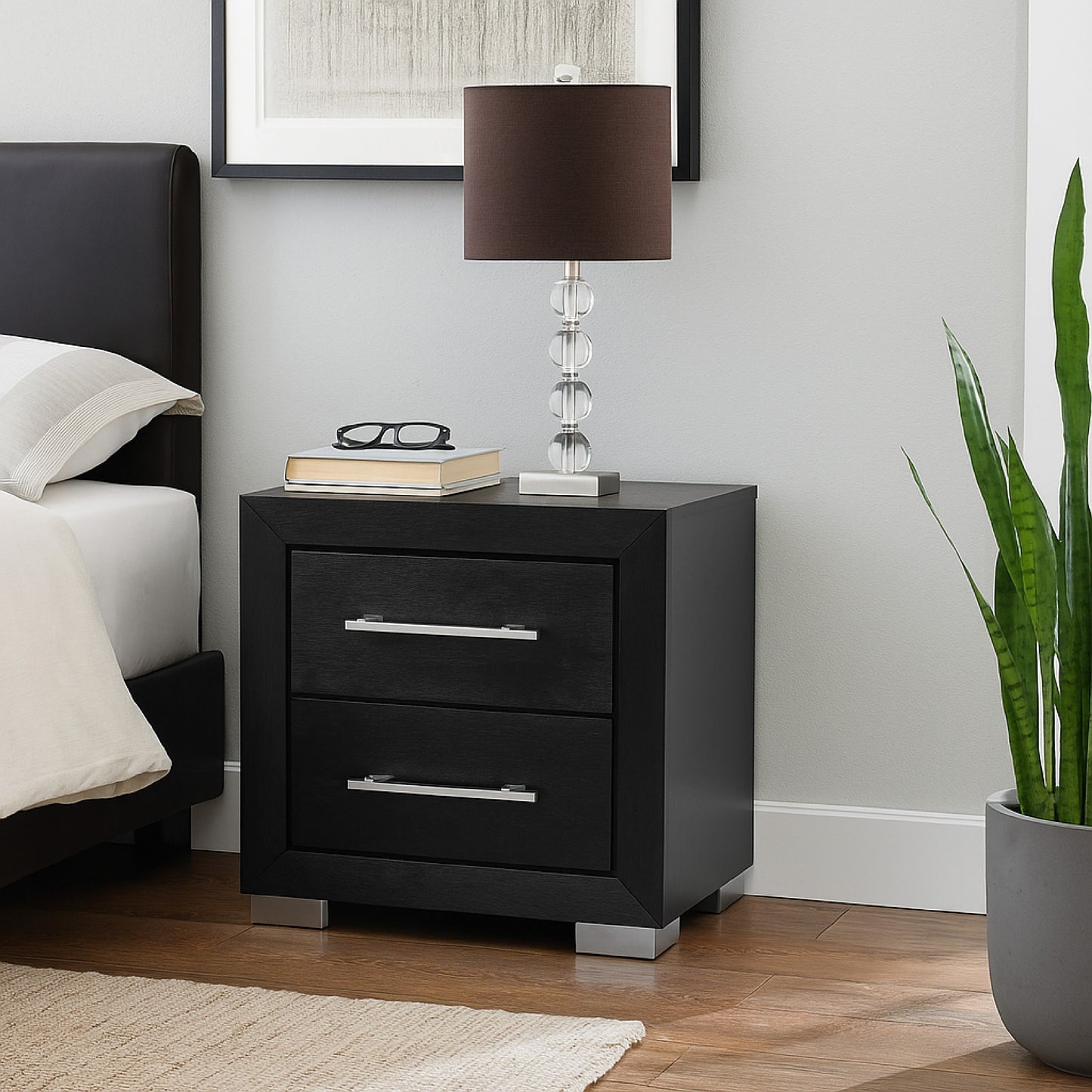 Ashen Nightstand w USB, 2 Drawers, Black Solid Wood, Chrome Metal, 26 Inch