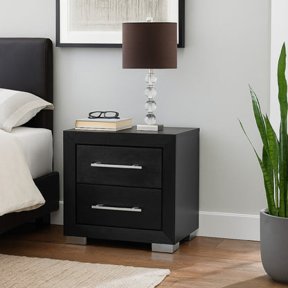 Ashen Nightstand w USB, 2 Drawers, Black Solid Wood, Chrome Metal, 26 Inch