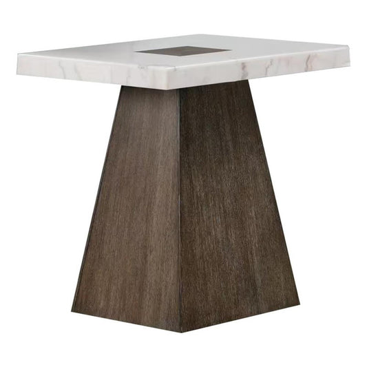 Asten Side End Table, 22 Inch, Square White Marble Top, Walnut Brown