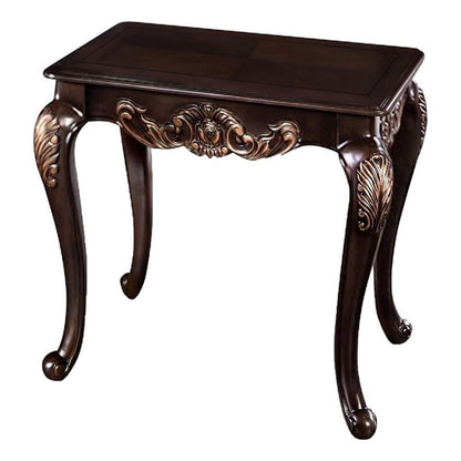 Astor End Table, 29 Inch Dark Cherry Brown Wood, Carved Details