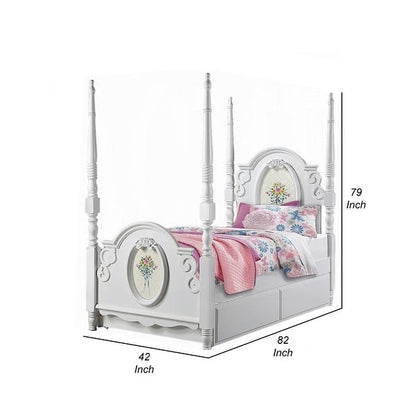 Auri Twin 4 Poster Princess Bed, Classic Arched Headboard, White Wood