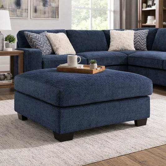 Avie Oversized Ottoman, Faux Wood Details, Navy Blue Polyester 38 Inch