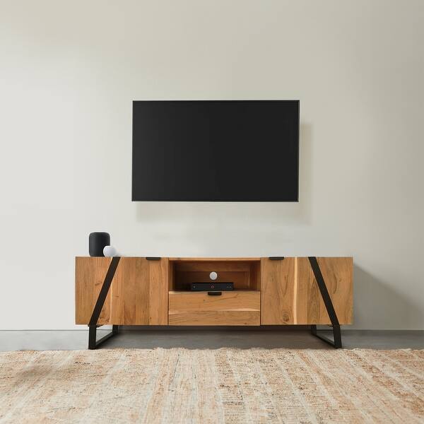 Aza 59 Inch Handcrafted TV Console with Drawer Natural Brown Acacia Wood Cabinet