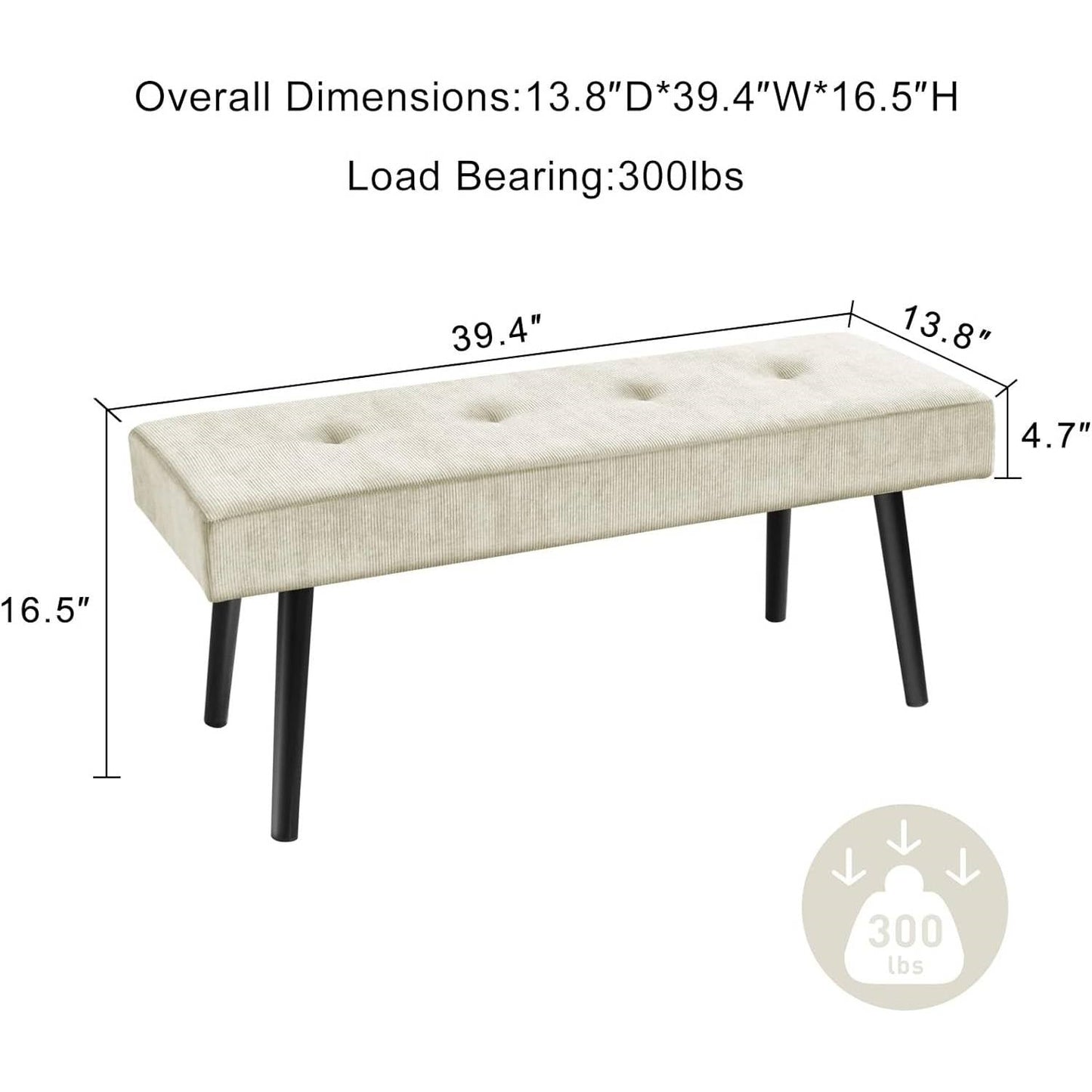 Mid-Century Beige Corduroy Upholstered End of Bed Bench with Black Metal Legs
