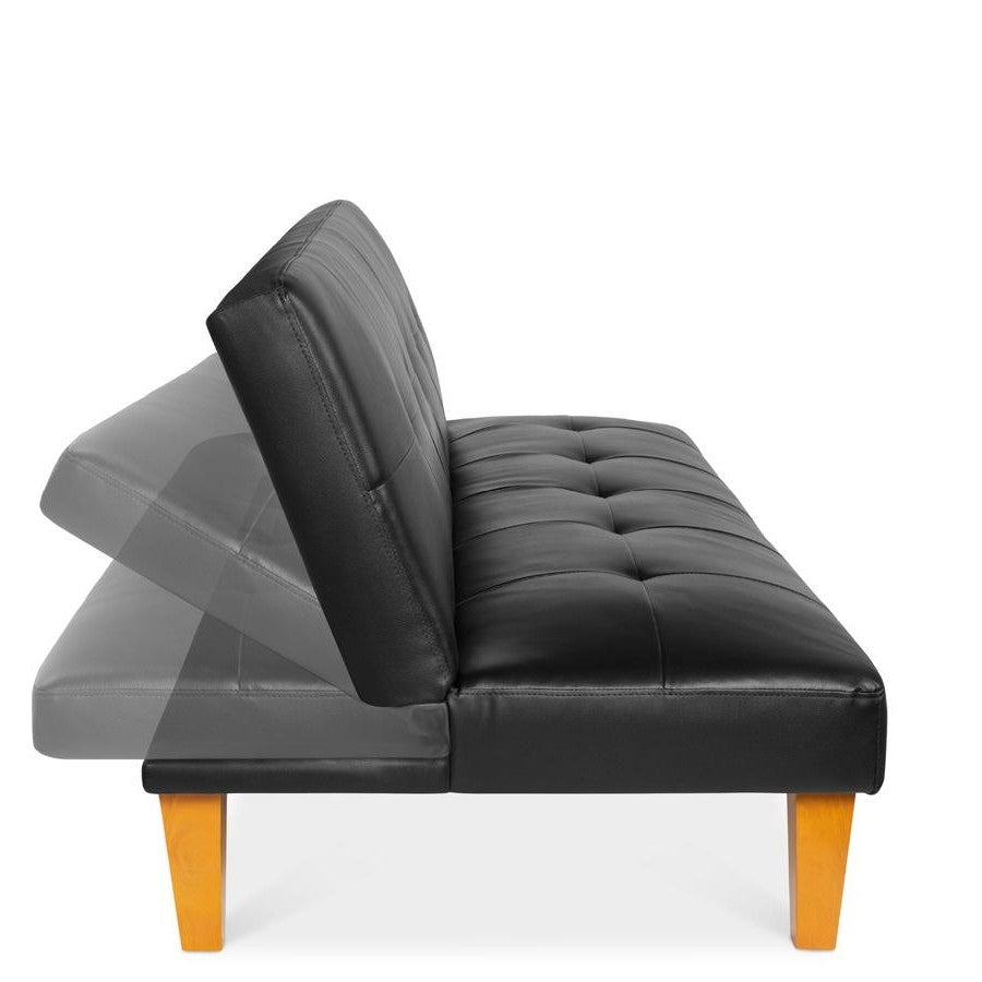 Convertible Faux Leather Tufted Lounge Futon Sofa Bed Adjustable Back in Black