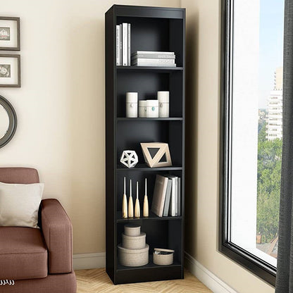 Modern 71-inch Tall Skinny 5-Shelf Bookcase in Black Wood Finish