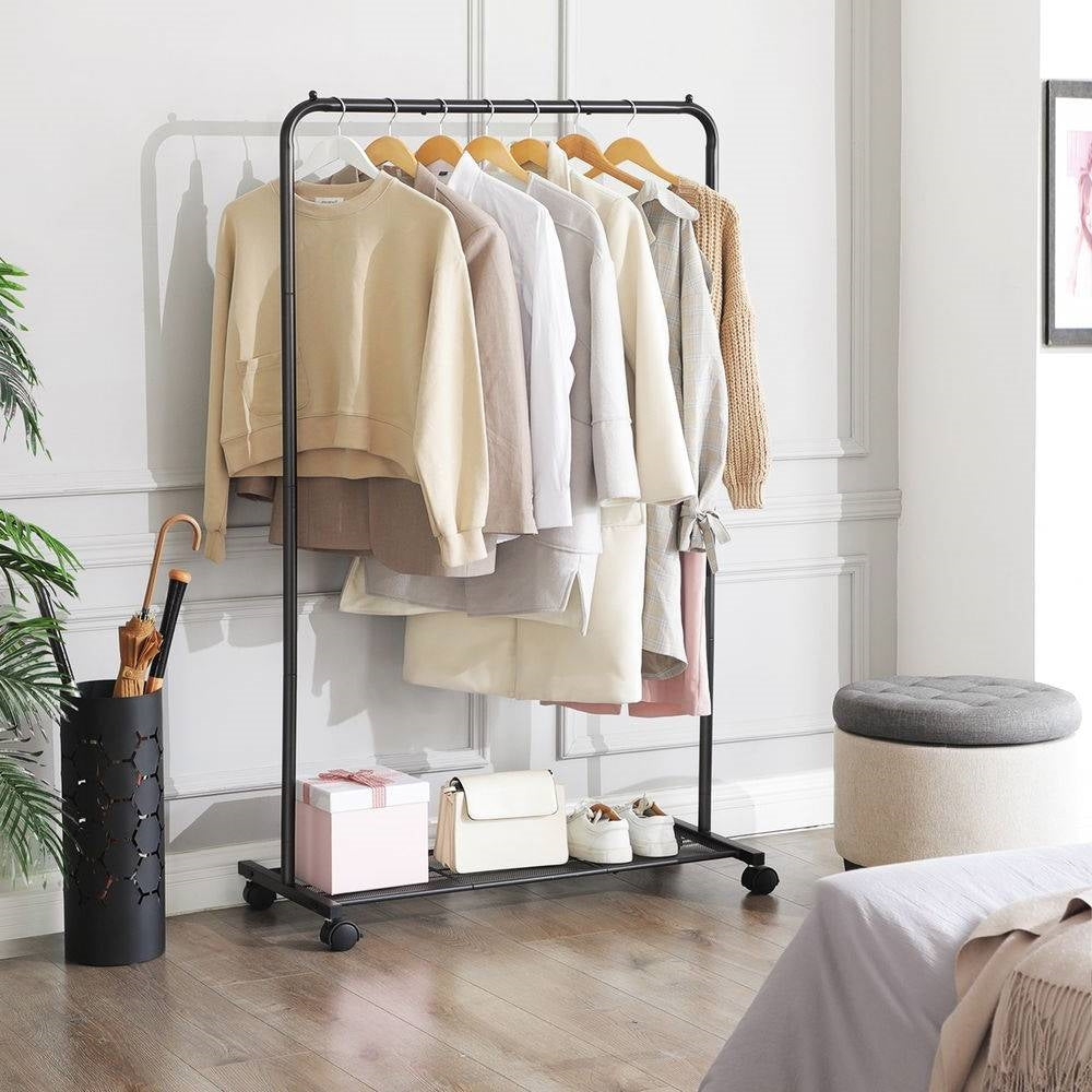 Simple Black Steel Tube Rolling Garment Clothes Rack with Bottom Mesh Shelf — Chic Home-Decor