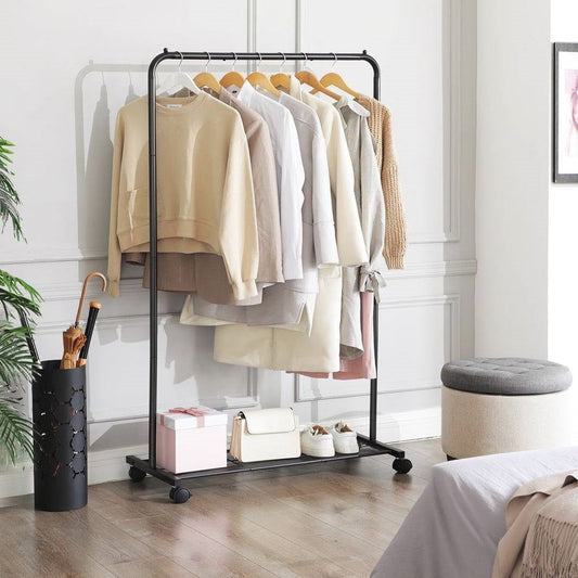 Simple Black Steel Tube Rolling Garment Clothes Rack with Bottom Mesh Shelf — Chic Home-Decor