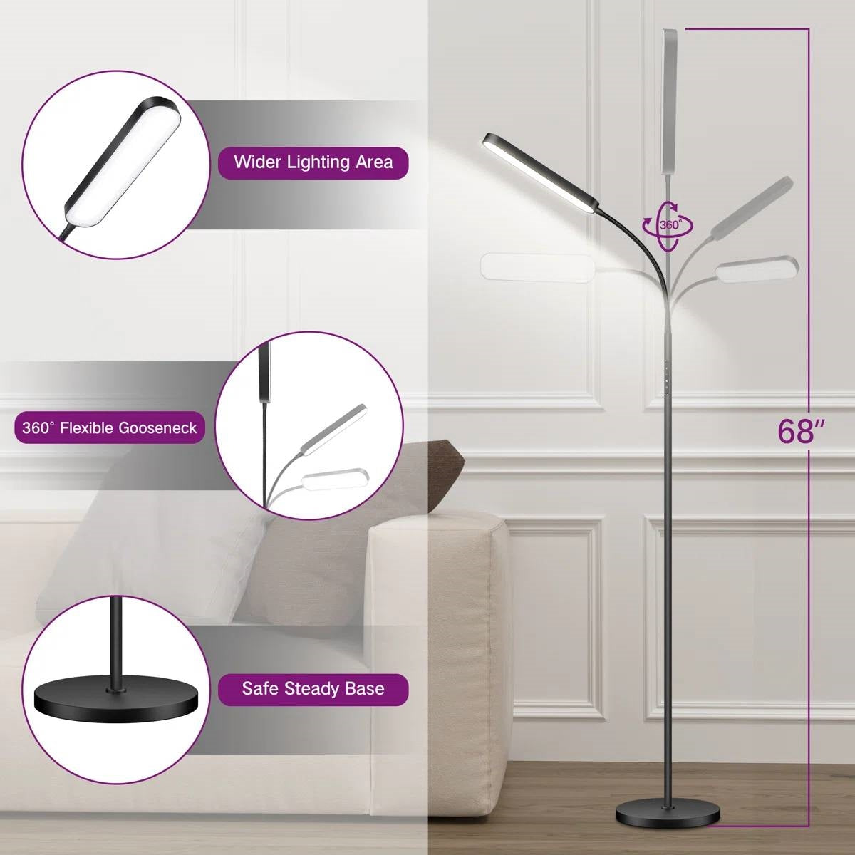 Black Modern 68-inch LED Dimmable Floor Lamp with Remote - Accent/Reading Light