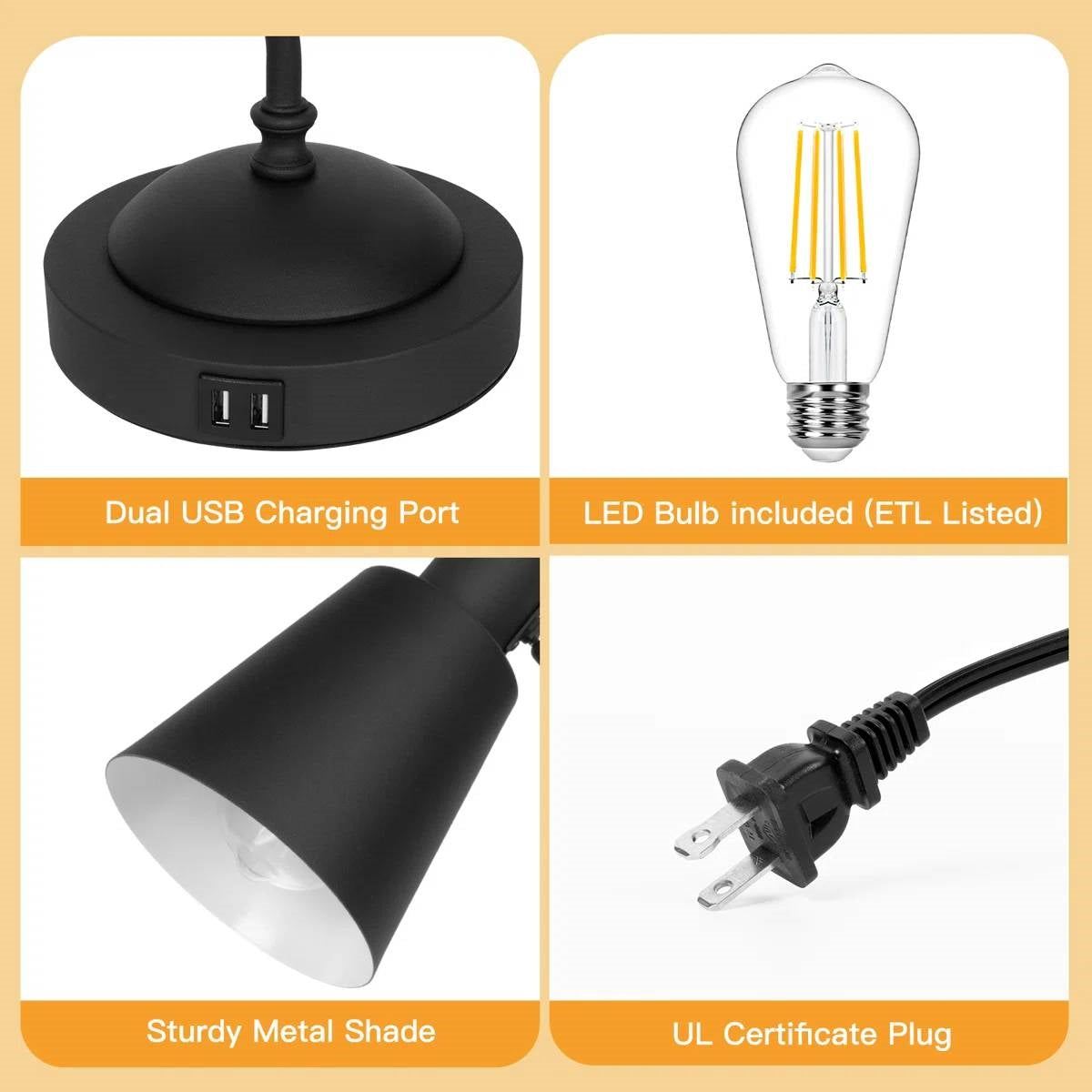 Black Gooseneck Dimmable Table Lamp Desk Light with Touch Control and USB