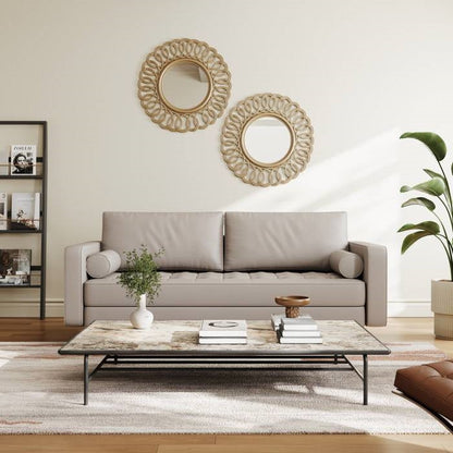 Beige Upholstered Faux Leather Sofa w/ Pillows Solid Hardwood Legs