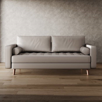 Beige Upholstered Faux Leather Sofa w/ Pillows Solid Hardwood Legs