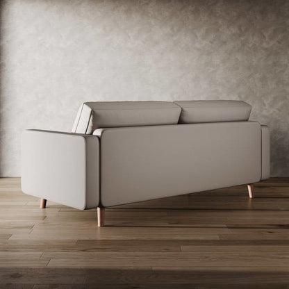 Beige Upholstered Faux Leather Sofa w/ Pillows Solid Hardwood Legs