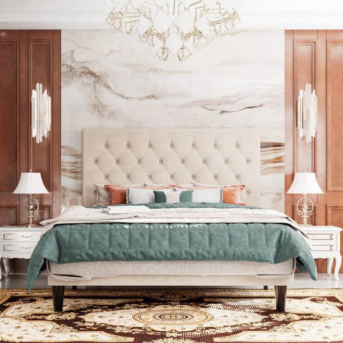 King Size Beige Linen Upholstered Platform Bed with Button-Tufted Headboard — Chic Home-Decor