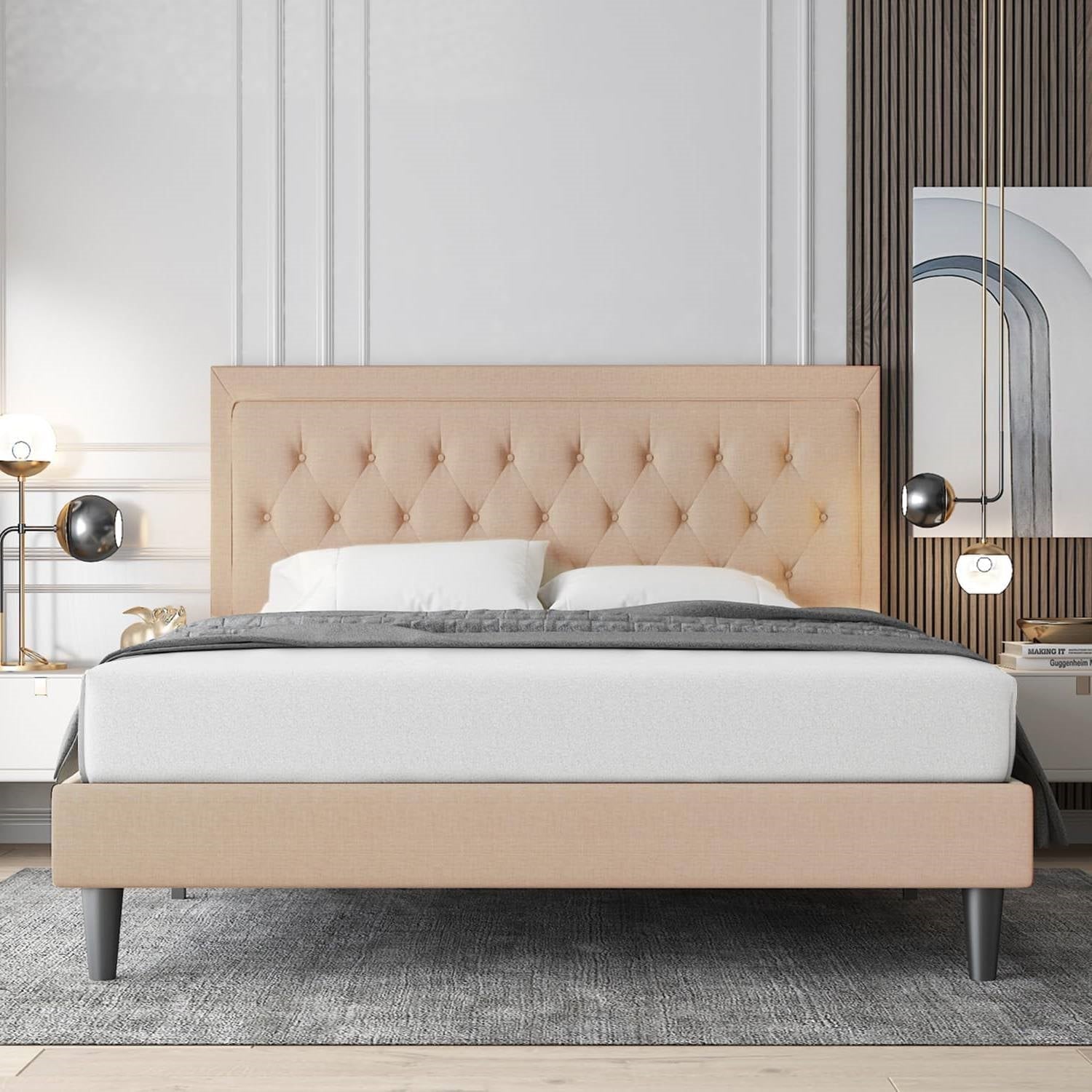 King size Beige Linen Platform Bed Frame with Button Tufted Headboard — Chic Home-Decor