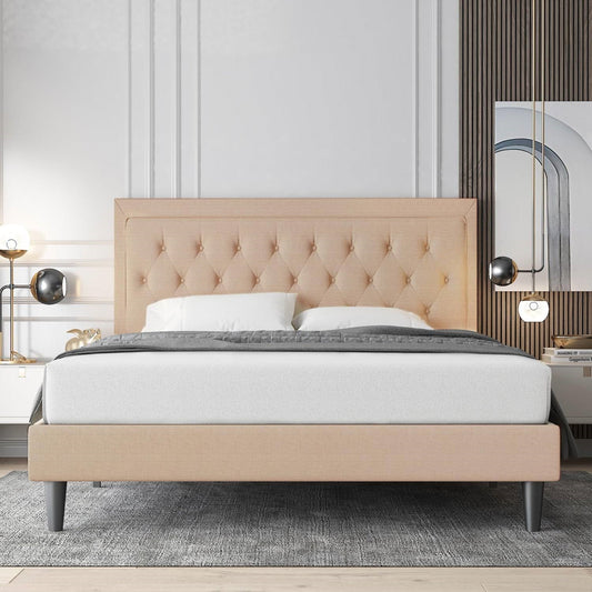 King size Beige Linen Platform Bed Frame with Button Tufted Headboard — Chic Home-Decor
