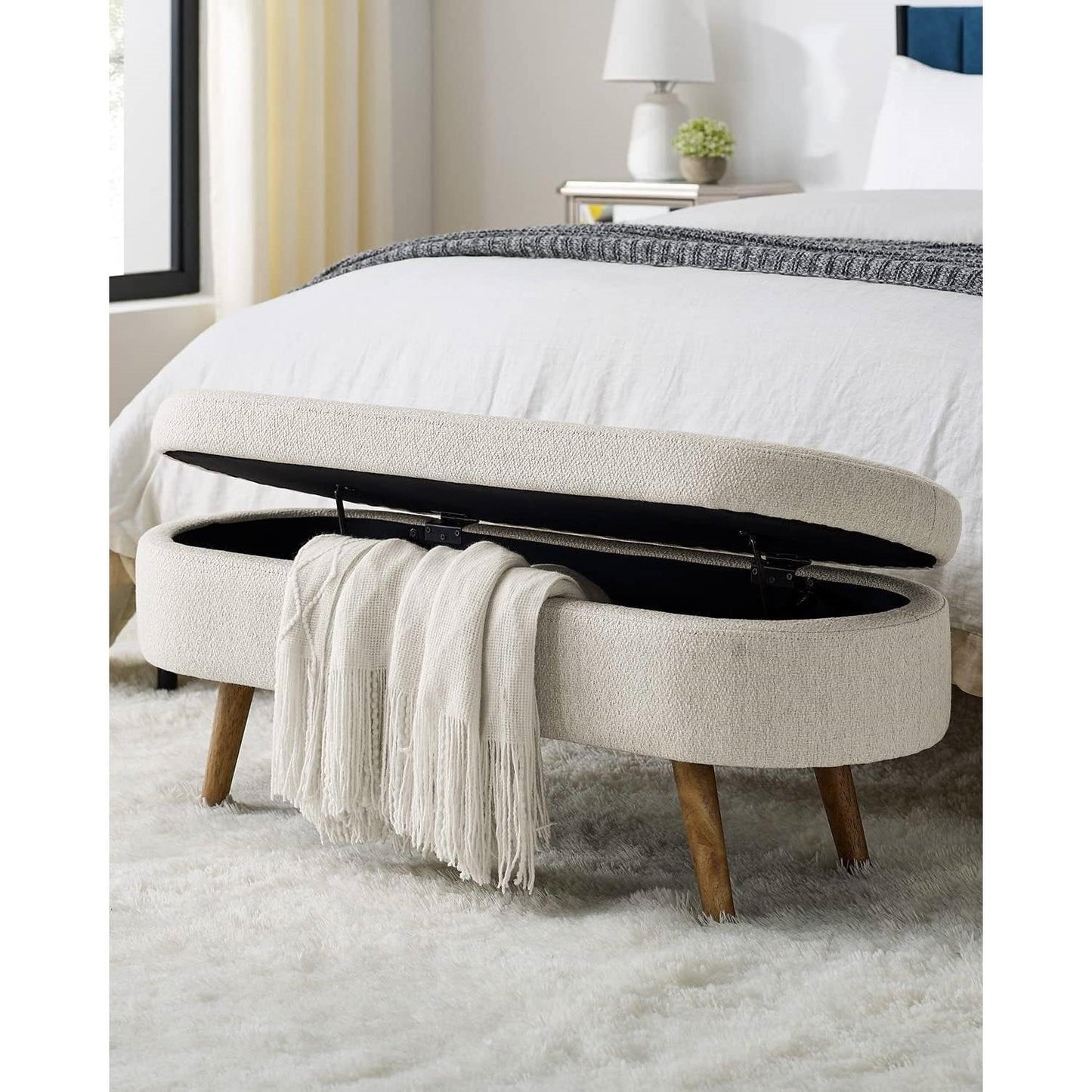 Mid-Century Modern Boho Style Off-White Beige Linen Bedroom Storage Bed Bench — Chic Home-Decor