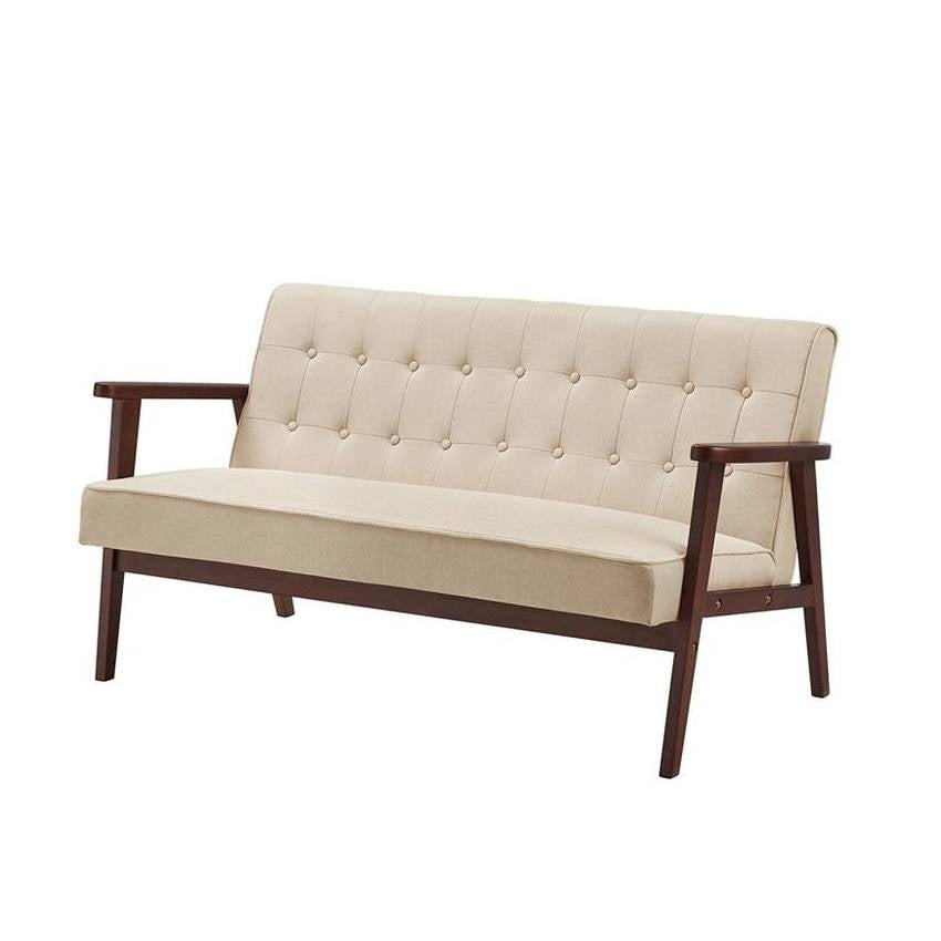 Mid-Century Modern Wood Frame Loveseat Sofa Couch with Beige Seat/Back Cushion — Chic Home-Decor