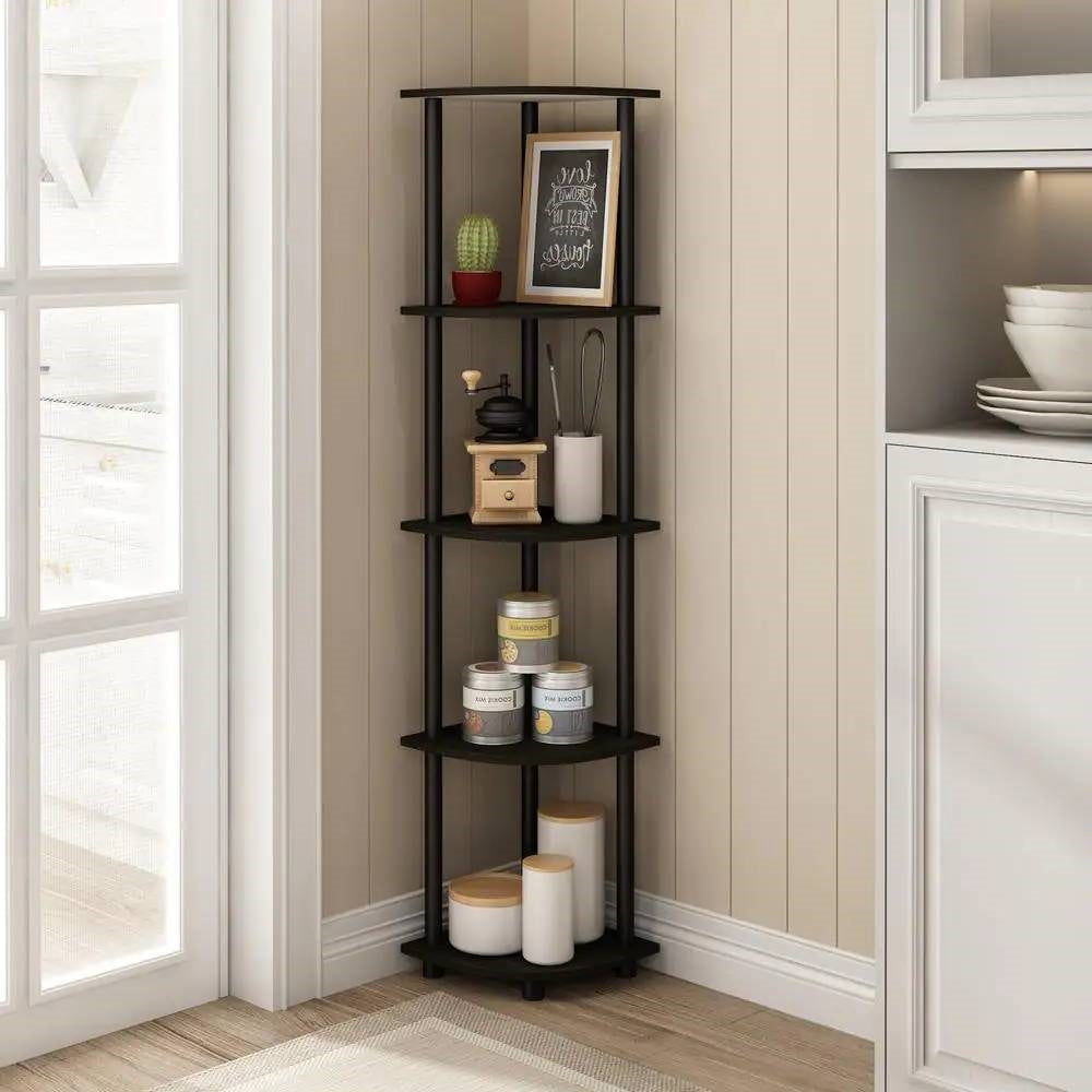 5-Shelf Modern Corner Bookcase in Espresso Black Wood Finish — Chic Home-Decor