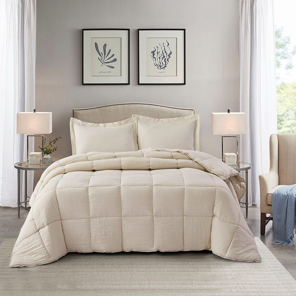 Queen Size Beige 3 Piece Microfiber Reversible Comforter Set — Chic Home-Decor