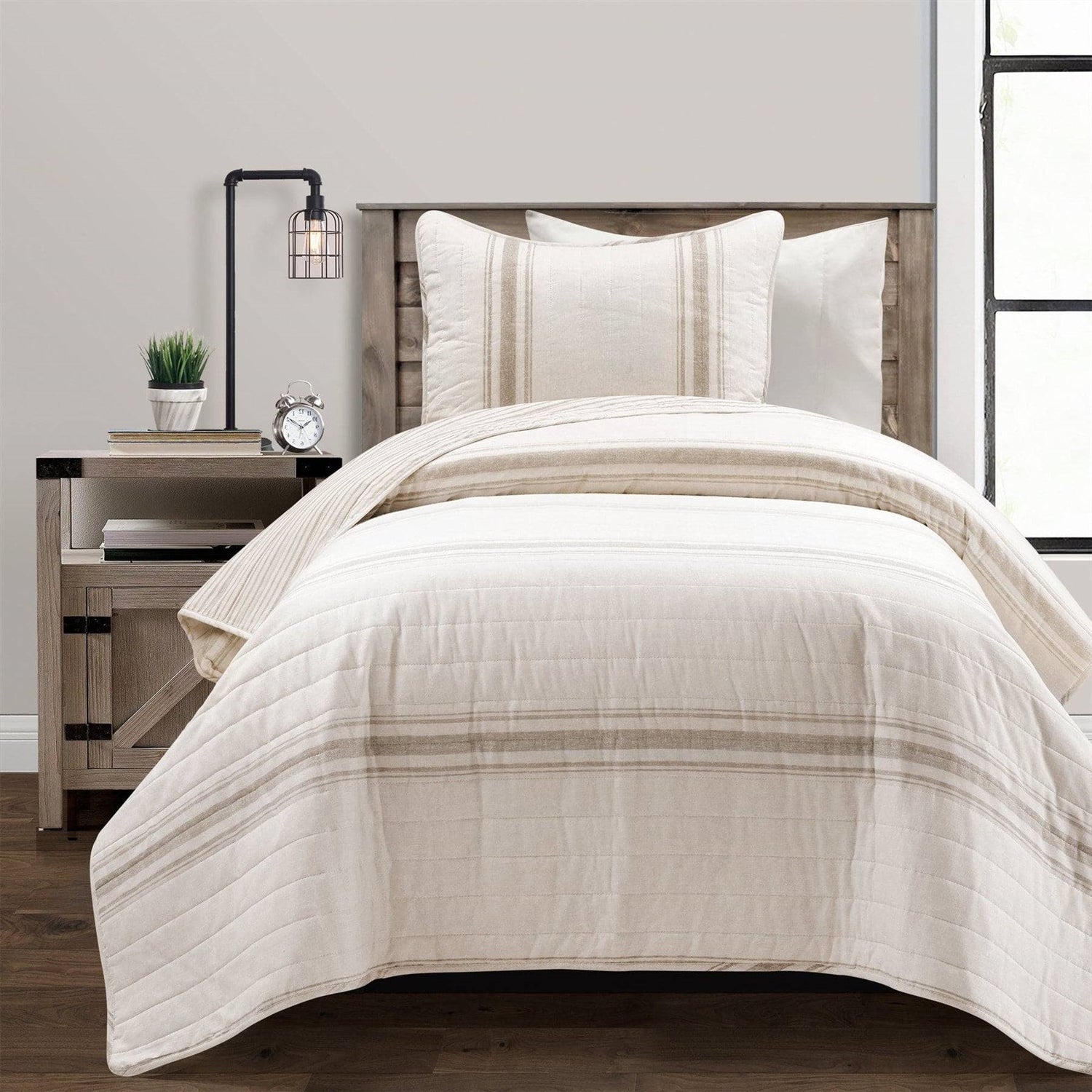 Twin/Twin XL Beige Off-White Cream Stripe 2-Piece Reversible Cotton Quilt Set — Chic Home-Decor