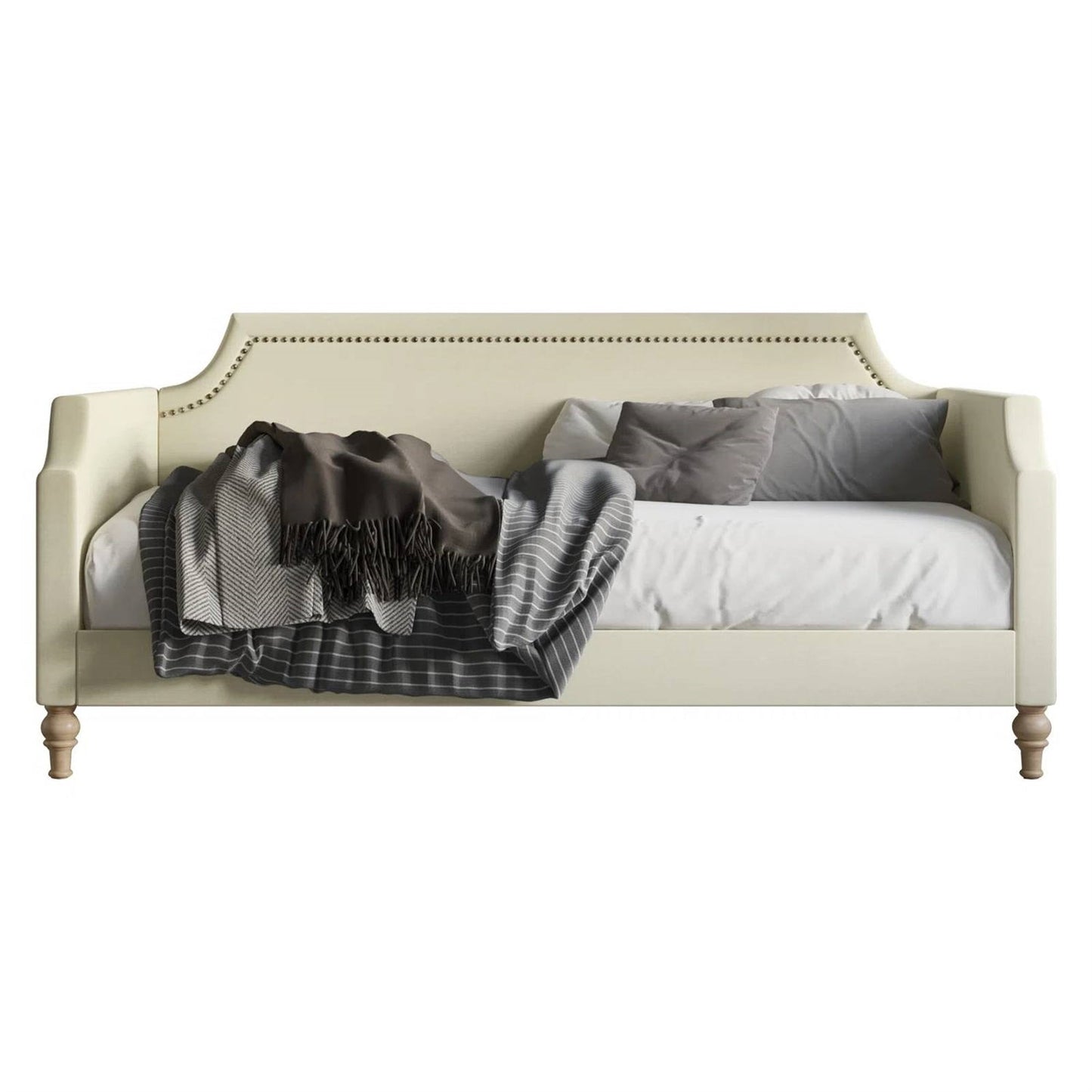 Twin size Beige Cream Polyester Fabric Upholstered Daybed with Nailhead Trim — Chic Home-Decor