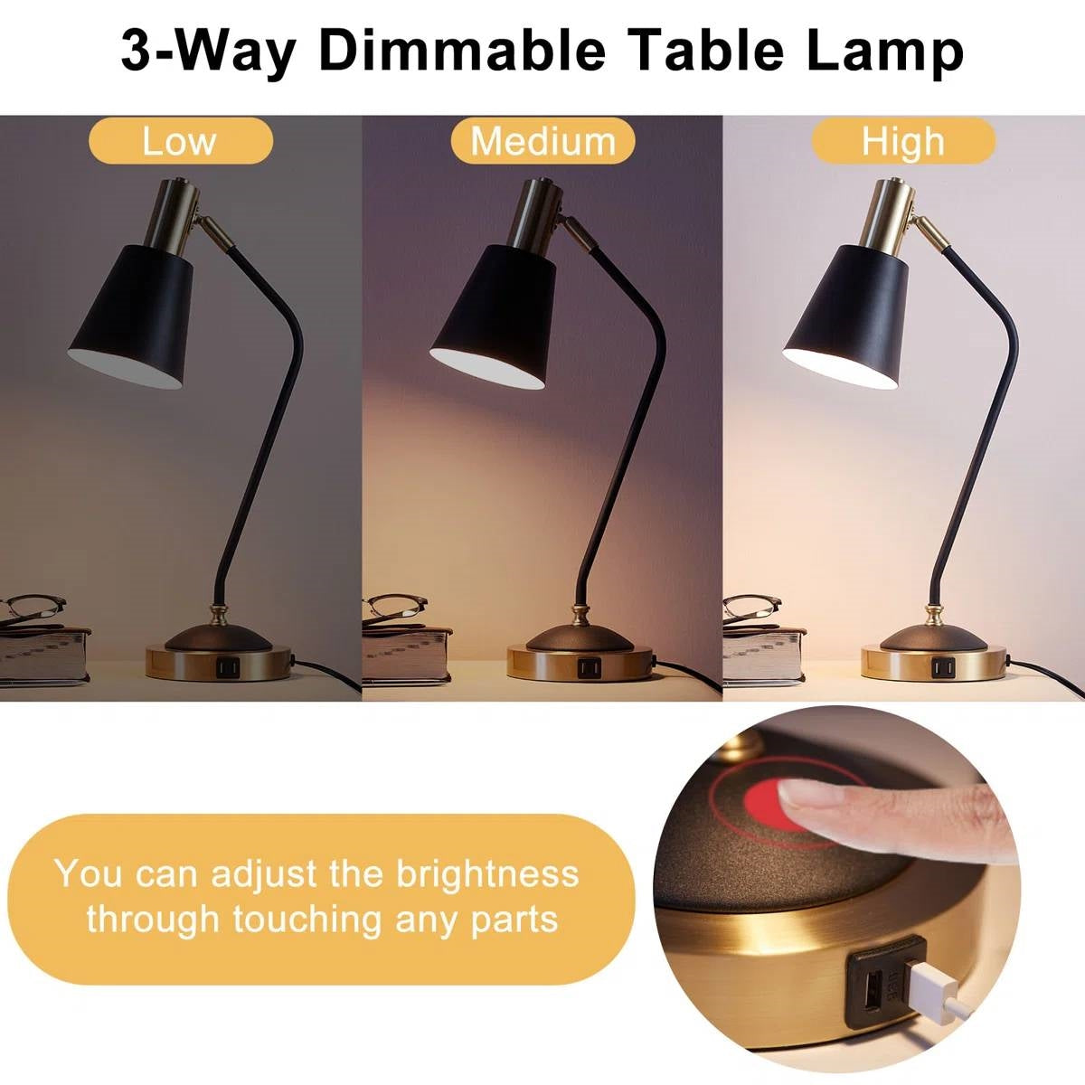 Black/Gold Mid-Century Modern Gooseneck Dimmable Touch Control USB Table Lamp
