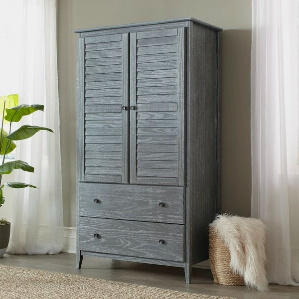 FarmHome Louvered Distressed Grey Solid Pine Armoire — Chic Home-Decor