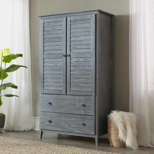 FarmHome Louvered Distressed Grey Solid Pine Armoire — Chic Home-Decor