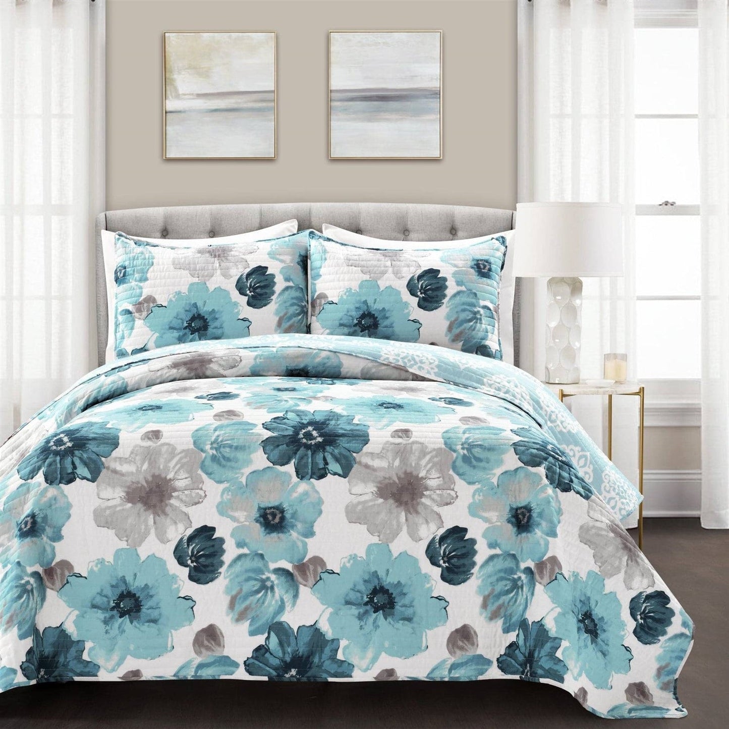 Full/Queen Blue Grey Flowers Lightweight Polyester Microfiber Quilt Set — Chic Home-Decor