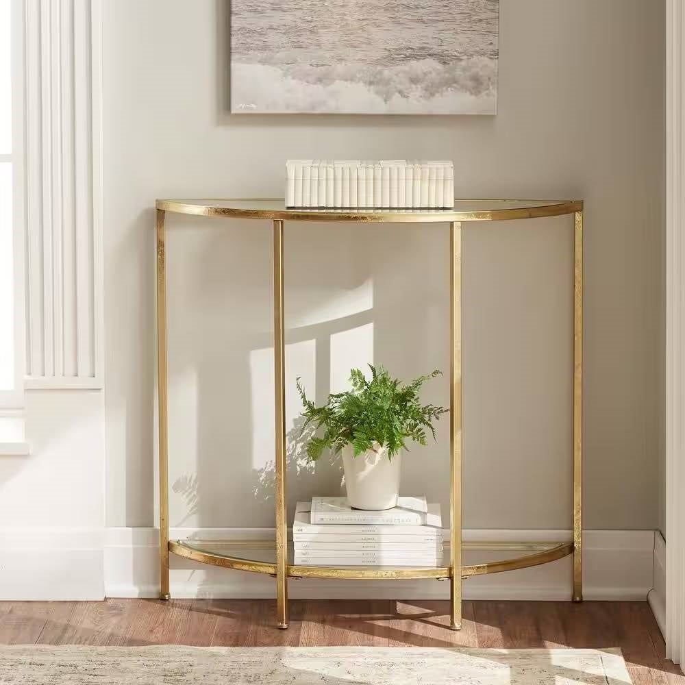 Half-Circle Entryway Console Table Gold Metal Glass Top Bottom Shelf Sofa Table — Chic Home-Decor