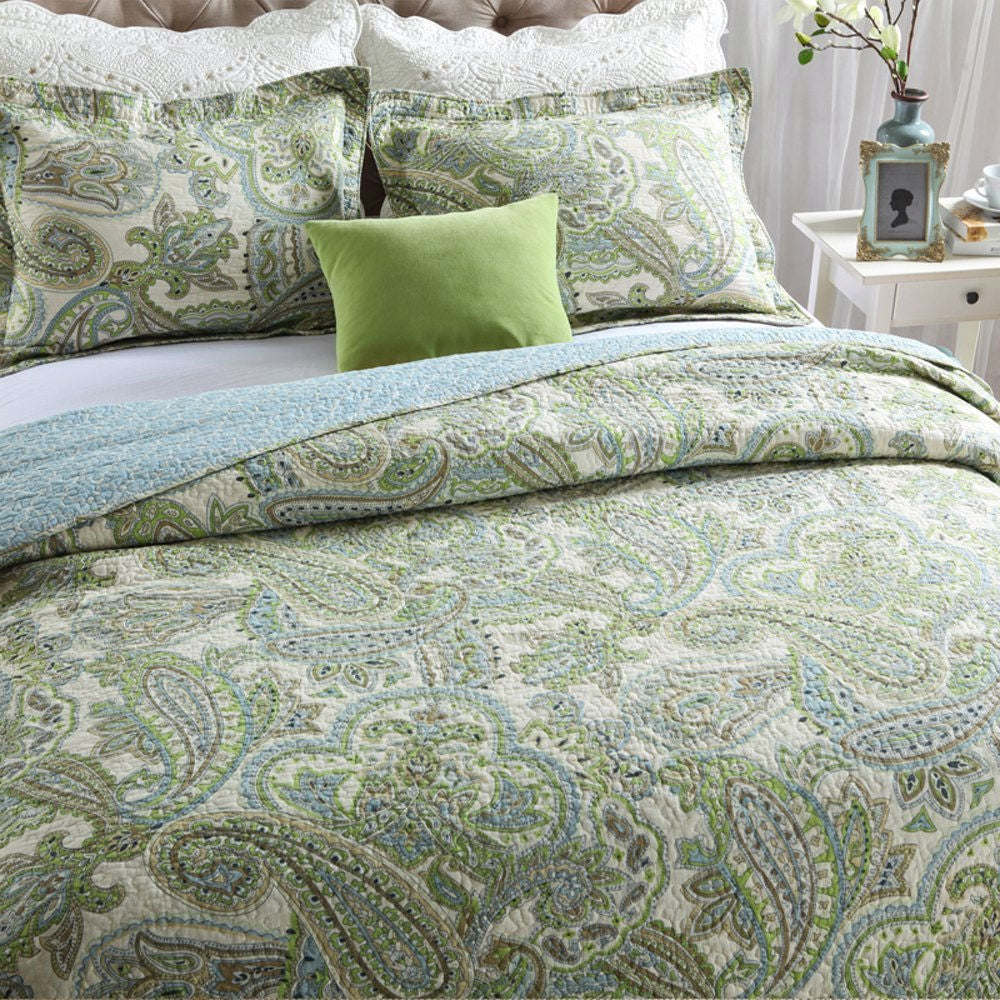 Queen 3-Piece 100-Percent Cotton Bedspread Quilt Set with Green Paisley Pattern