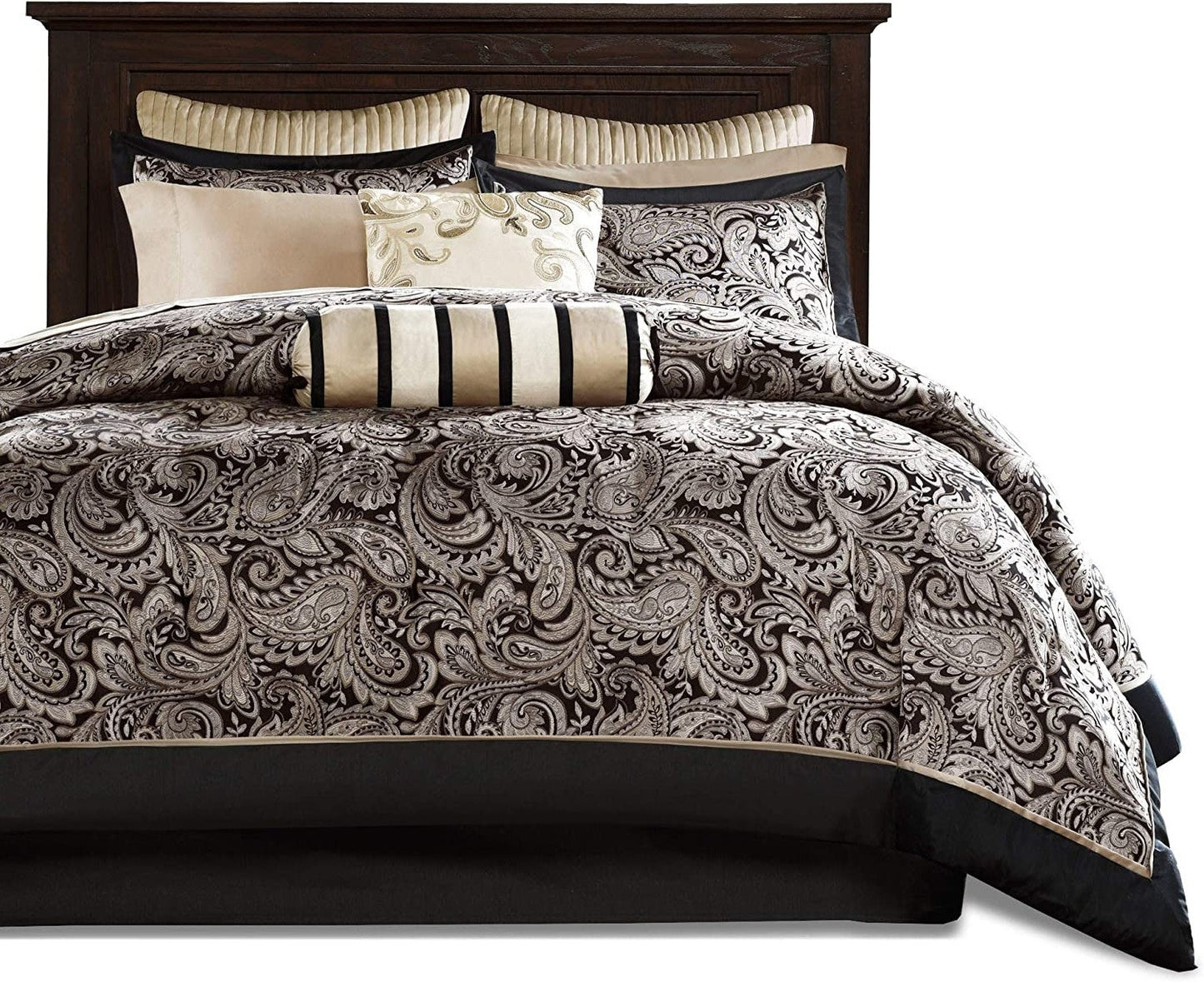 Queen 12 Piece Cotton Polyester Comforter Set Black Gold Paisley — Chic Home-Decor