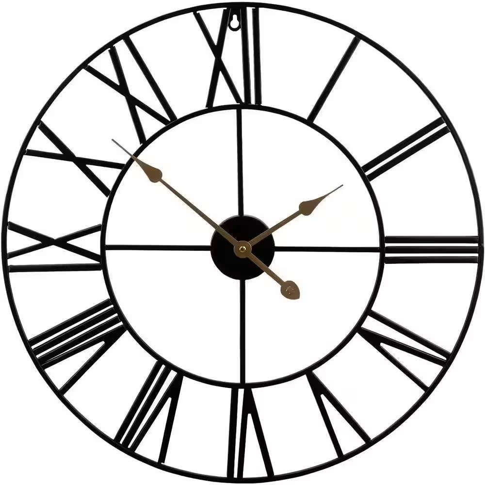Round 24-inch Black Metal Roman Numeral Wall Clock with Gold Hands — Chic Home-Decor