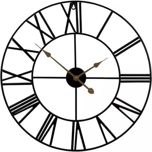 Round 24-inch Black Metal Roman Numeral Wall Clock with Gold Hands — Chic Home-Decor