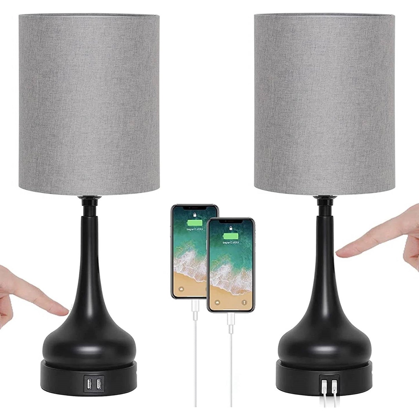 Set of 2 - Black Metal USB Table Lamp with Grey Linen Drum Shade