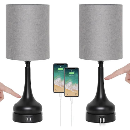 Set of 2 - Black Metal USB Table Lamp with Grey Linen Drum Shade