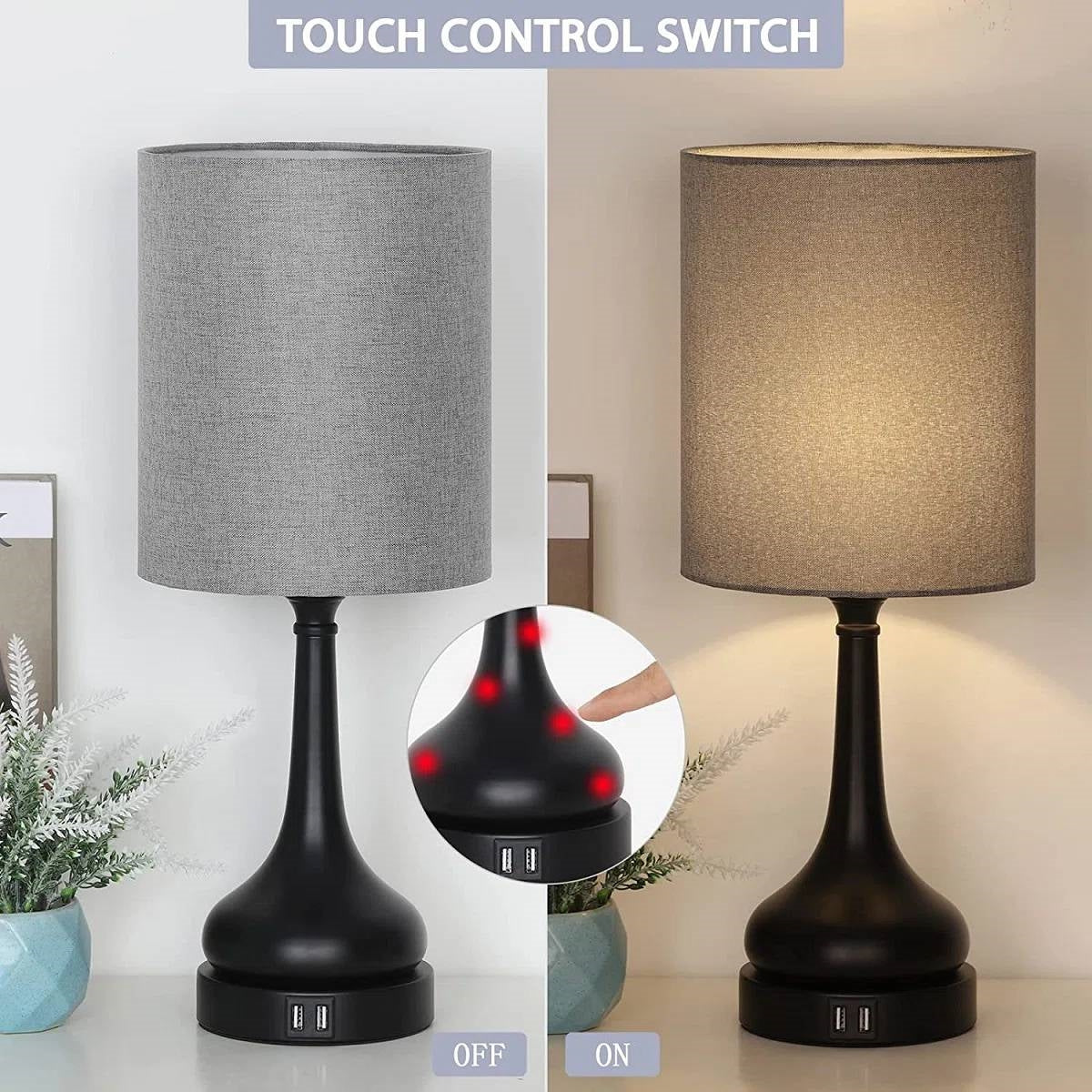 Set of 2 - Black Metal USB Table Lamp with Grey Linen Drum Shade