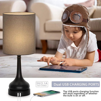 Set of 2 - Black Metal USB Table Lamp with Grey Linen Drum Shade