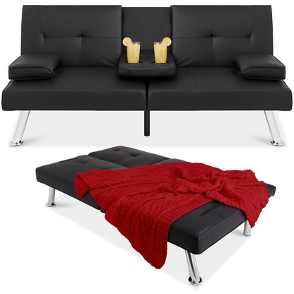 Faux Leather Convertible Sofa Futon with 2 Cup Holders