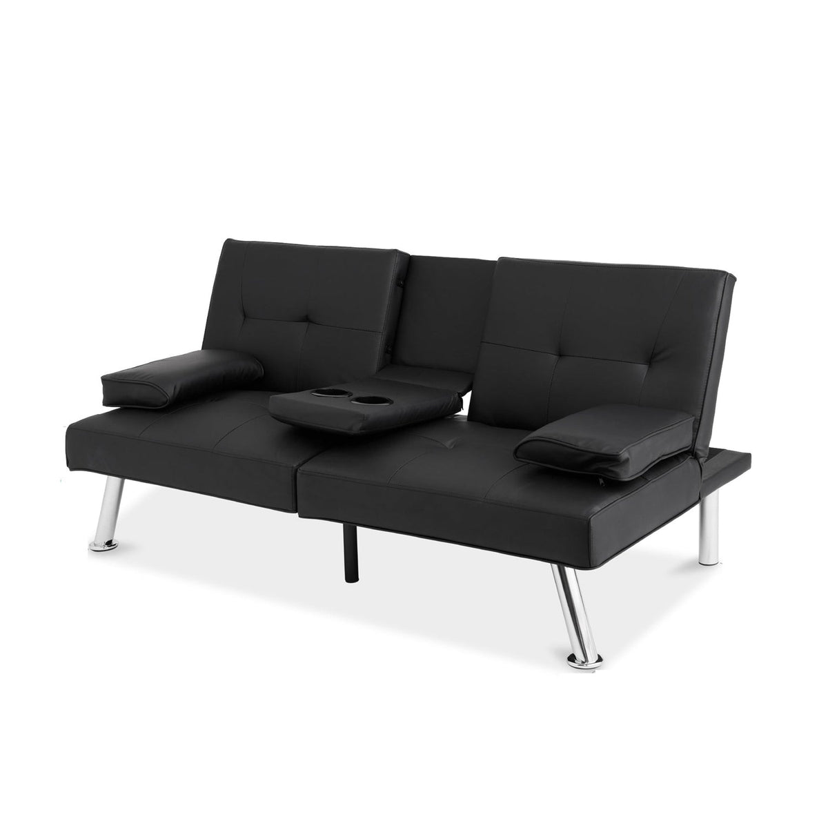 Faux Leather Convertible Sofa Futon with 2 Cup Holders