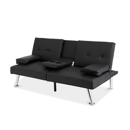 Faux Leather Convertible Sofa Futon with 2 Cup Holders