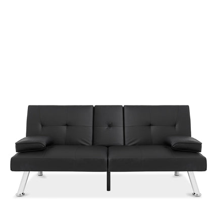 Faux Leather Convertible Sofa Futon with 2 Cup Holders