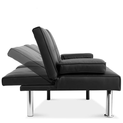 Faux Leather Convertible Sofa Futon with 2 Cup Holders
