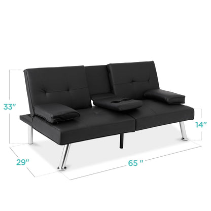 Faux Leather Convertible Sofa Futon with 2 Cup Holders