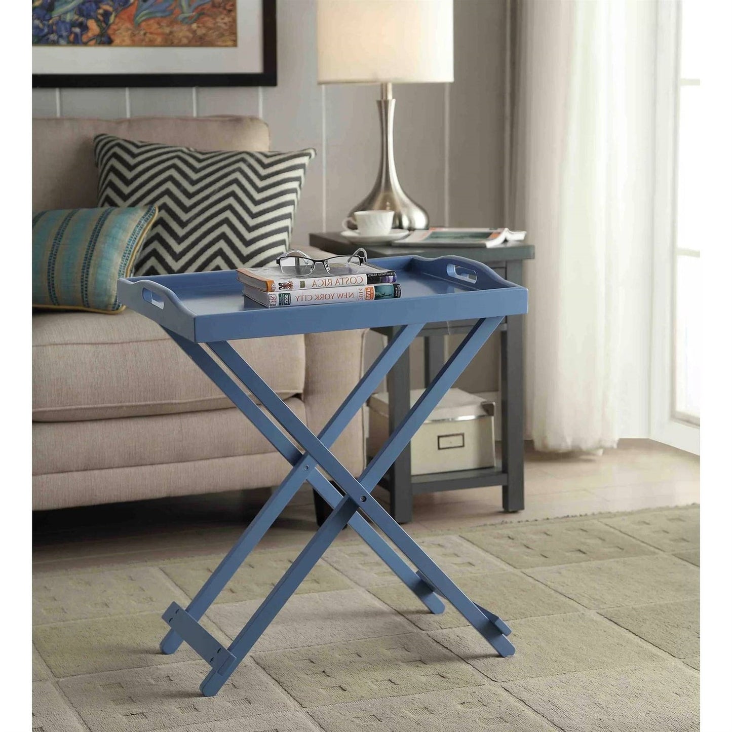 Folding TV Tray Bedside Table in Blue Wood Finish